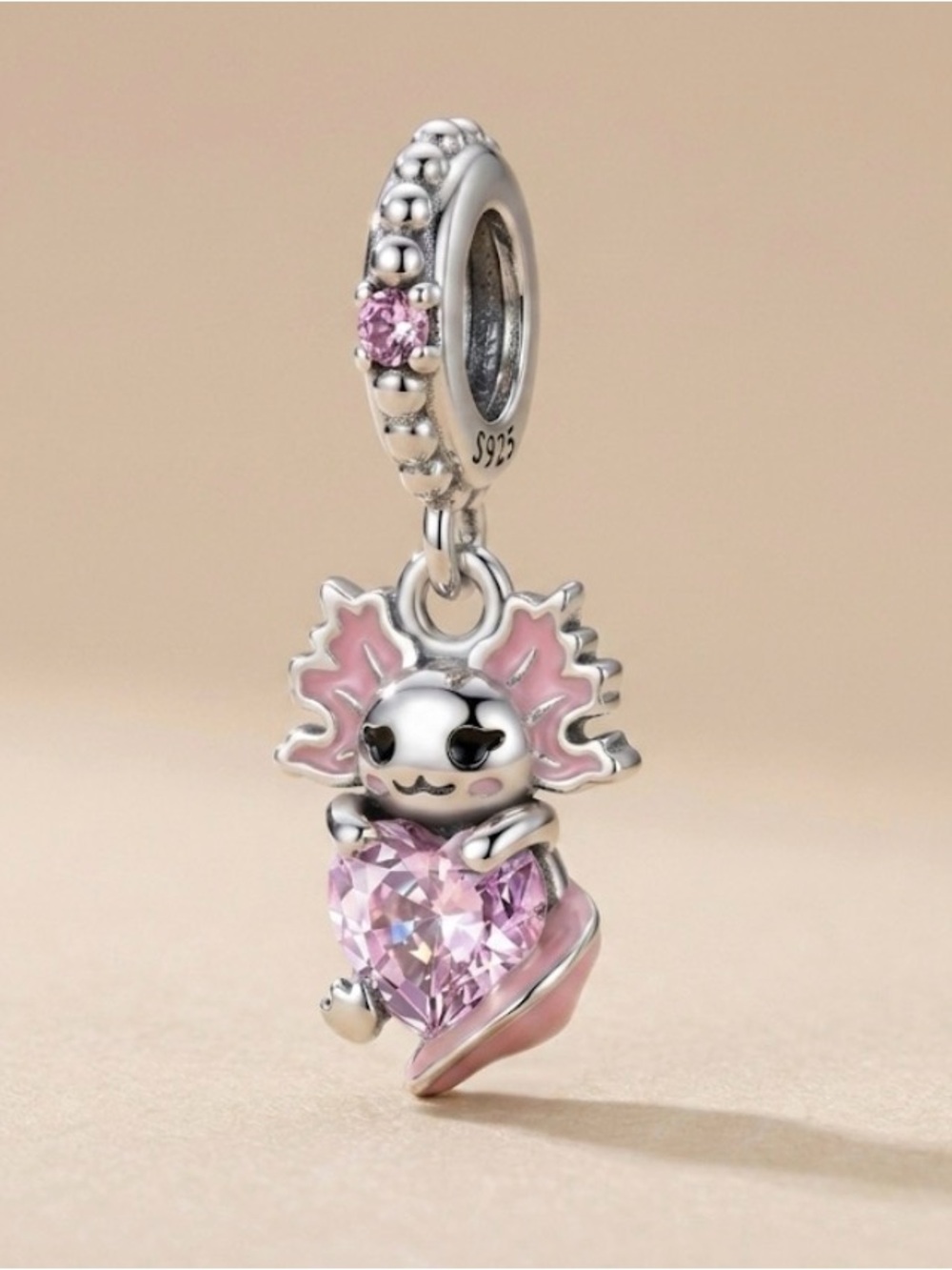 Sterling Silver Pink Axolotl Heart Dangle Charm